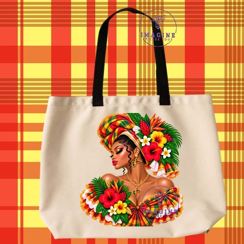Tote bag taille l - sublimation - impression infusible ink - silhouette - tenue traditionnelle - madras - bijoux créole