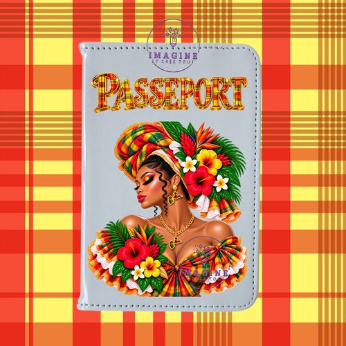 Etui passeport en cuir - sublimation - impression infusible ink - silhouette - tenue traditionnelle - madras - bijoux créole
