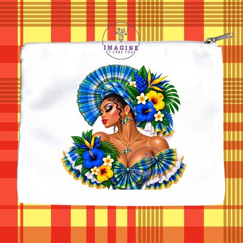Trousse l - maquillage - sublimation - impression infusible ink - silhouette - tenue traditionnelle - madras bleu - bijoux créole