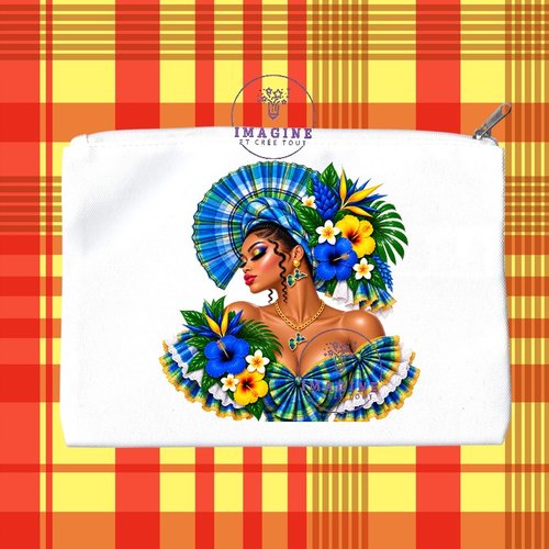 Trousse m - maquillage - sublimation - impression infusible ink - silhouette - tenue traditionnelle - madras bleu - bijoux créole