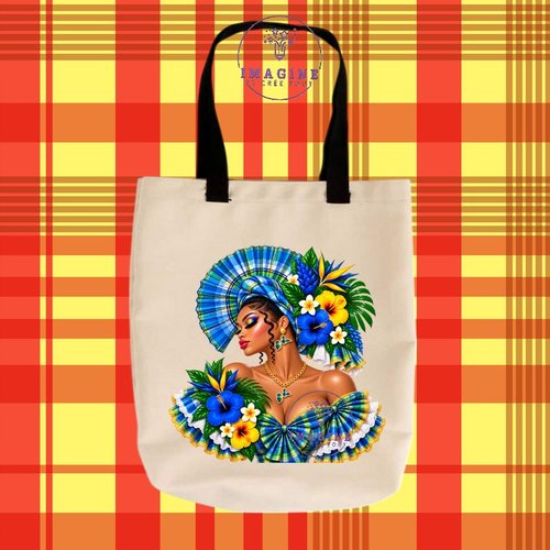 Tote bag taille m - sublimation -  impression infusible ink - silhouette - tenue traditionnelle - madras bleu - bijoux créole