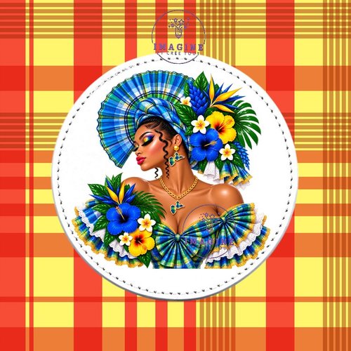 Sous verre en cuir - sublimation - impression infusible ink - silhouette - tenue traditionnelle - madras bleu - bijoux créole
