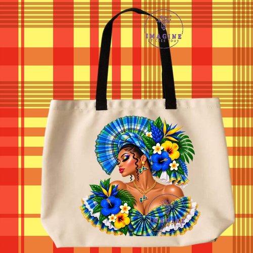 Tote bag taille l - sublimation - impression infusible ink - silhouette - tenue traditionnelle - madras bleu - bijoux créole