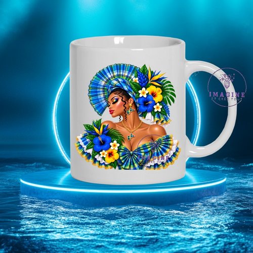 Mug - tasse - sublimation - impression infusible ink - silhouette - tenue traditionnelle - madras bleu - bijoux créole