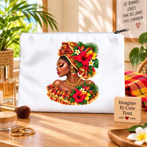 Trousse l - maquillage - école - sublimation - impression infusible ink - tête madras - hibiscus - carte martinique - 972