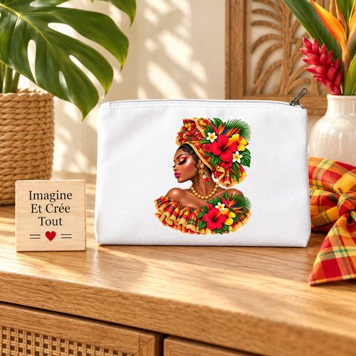 Trousse m - maquillage - école - sublimation - impression infusible ink - tête madras - hibiscus - carte martinique - 972