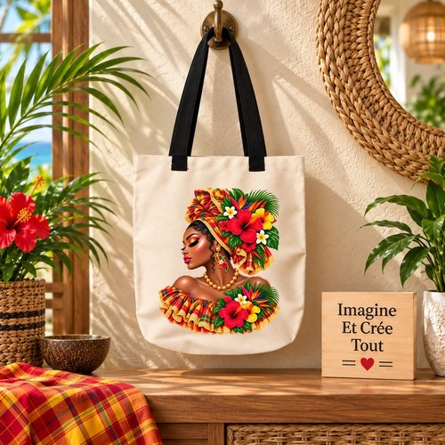 Tote bag taille m - sublimation -  impression infusible ink - tête madras - hibiscus - carte martinique - 972