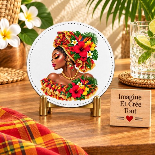 Sous verre en cuir - sublimation - impression infusible ink - tête madras - hibiscus - carte martinique - 972