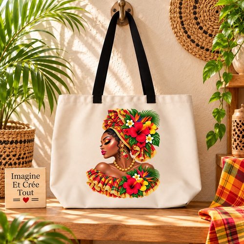 Tote bag taille l - sublimation - impression infusible ink - tête madras - hibiscus - carte martinique - 972