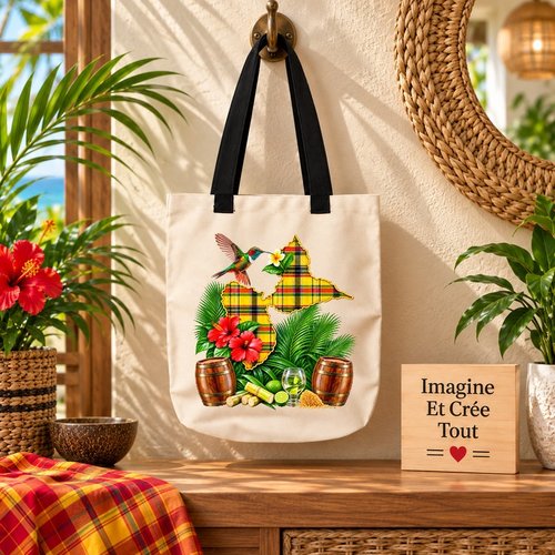 Tote bag taille m - sublimation -  impression infusible ink - carte guadeloupe - madras - colibri - 971