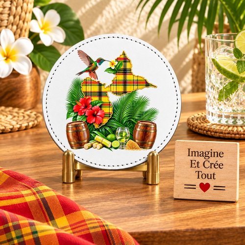 Sous verre en cuir - sublimation - impression infusible ink - carte guadeloupe - madras - colibri - 971