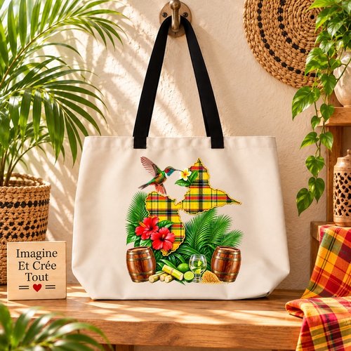 Tote bag taille l - sublimation - impression infusible ink - carte guadeloupe - madras - colibri - 971