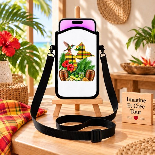 Housse sacoche téléphone portable - sublimation - impression infusible ink - carte guadeloupe - madras - colibri - 971