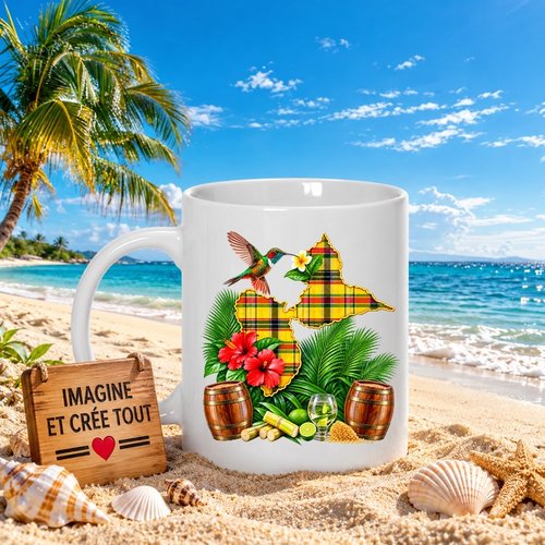 Mug - tasse - sublimation - impression infusible ink - carte guadeloupe - 971 - colibri - hibiscus