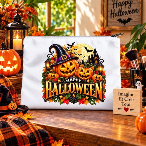 Trousse l - maquillage - école - sublimation - impression infusible ink - happy halloween - citrouilles - fantôme