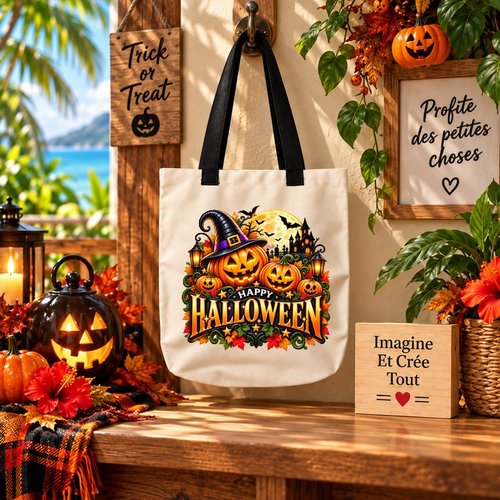 Tote bag taille m - sublimation -  impression infusible ink - happy halloween - citrouilles - fantôme