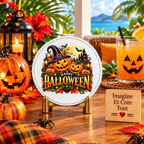 Sous verre en cuir - sublimation - impression infusible ink - happy halloween - citrouilles - fantôme