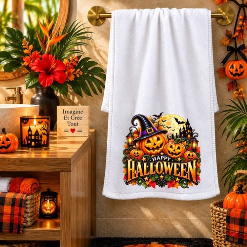 Petite serviette personnalisée pour le visage - sublimation - infusible ink - impression - happy halloween - citrouilles - fantôme