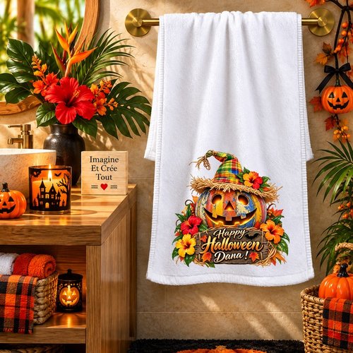 Petite serviette personnalisée pour le visage - sublimation - infusible ink - impression - happy halloween - citrouilles - fantôme
