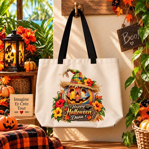 Tote bag taille l - sublimation - impression infusible ink - happy halloween - citrouilles - fantôme