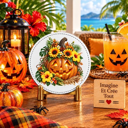 Sous verre en cuir - sublimation - impression infusible ink - happy halloween - citrouilles - fantôme