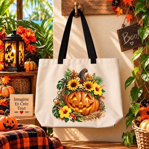 Tote bag taille l - sublimation - impression infusible ink - happy halloween - citrouilles - fantôme