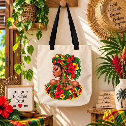Tote bag taille m - sublimation -  impression infusible ink - silhouette - tête - madras - guyane - 973