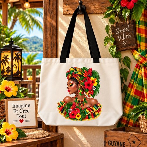 Tote bag taille l - sublimation - impression infusible ink - silhouette - tête - madras - guyane - 973