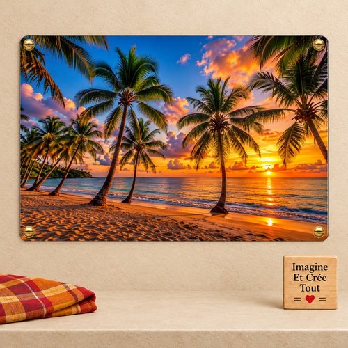 Tableau mural - sublimation -  impression infusible ink - plaque aluminium - couché du soleil - plage - palmiers - ile