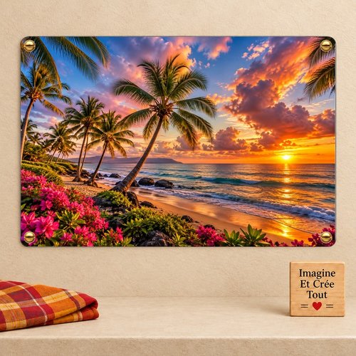 Tableau mural - sublimation -  impression infusible ink - plaque aluminium - couché du soleil - plage - palmiers - ile