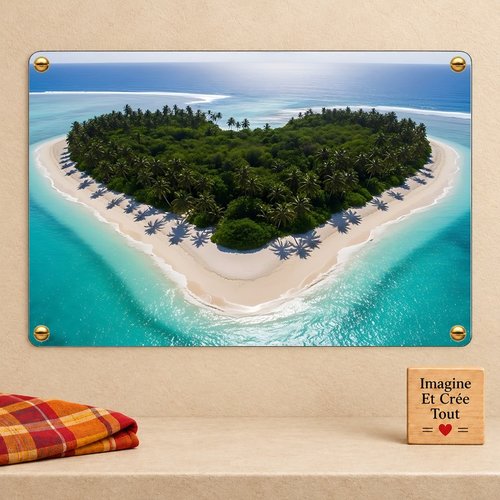 Tableau mural - sublimation -  impression infusible ink - plaque aluminium - paysage - île - mer - cœur - palmiers
