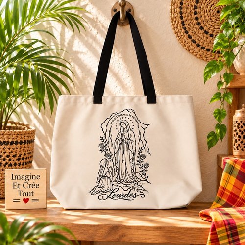 Tote bag taille l - sublimation - impression infusible ink - religion - grotte - lourdes - apparition - vierge