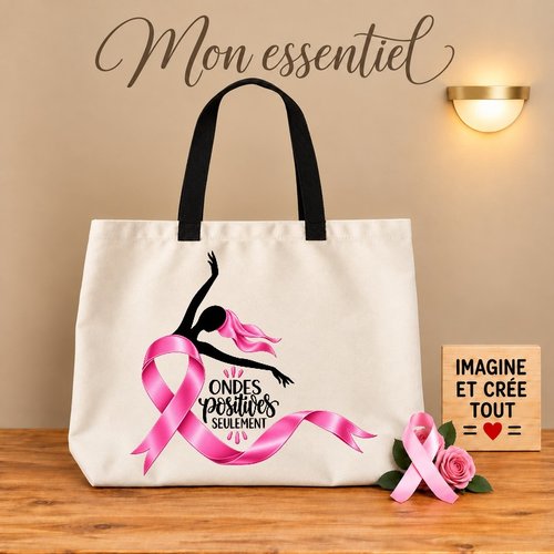 Tote bag taille l - sublimation - impression infusible ink - octobre rose - ondes positives seulement - prévention