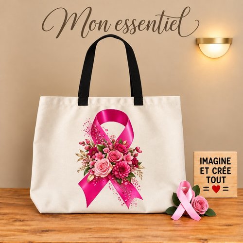 Tote bag taille l - sublimation - impression infusible ink - octobre rose - prévention - nœud