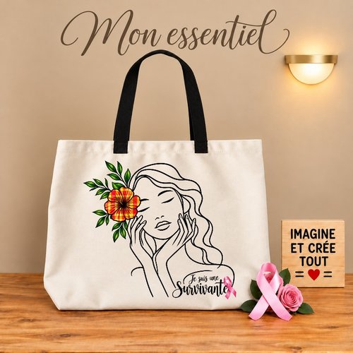 Tote bag taille l - sublimation - impression infusible ink - octobre rose - je suis une survivante