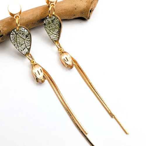 Boucles d'oreilles fines "dentelle d'hortensia" -vert mousse-