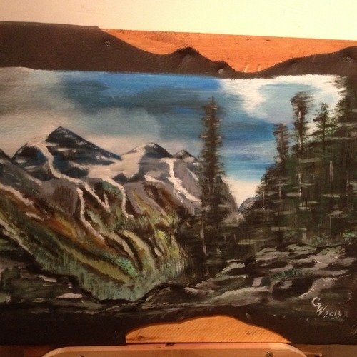 Dans les montagnes rocheuses - in the rocky mountains - peinture sur cuir originale -