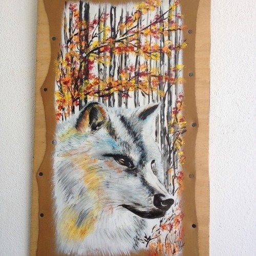 Loup blanc - peinture sur cuir originale - "serenity"