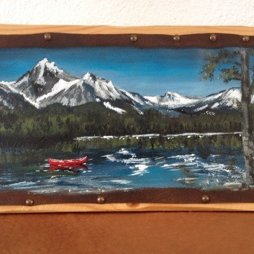 Canoé - rivière - montagne - on snake river - idaho - usa - peinture originale sur cuir