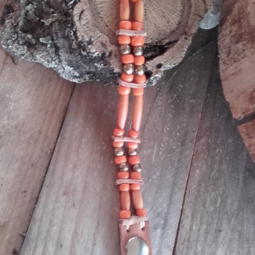 Bracelet amérindien, 2 rangs, corne, perles oranges, et couleur cuivre - ref: b 107