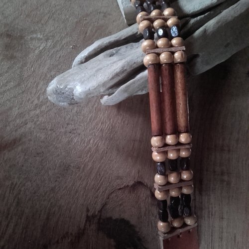 Bracelet style amérindien, 3 rangs, perles bois - ref: b 248