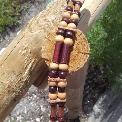 Bracelet style amérindien, 2 rangs, perles bois beiges et marrons - ref: b 272