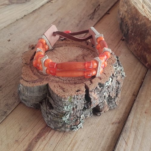 Bracelet amérindien, 2 rangs, corne et perles oranges - ref : b 75