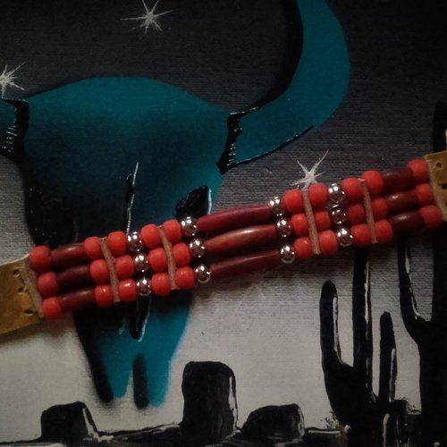 Bracelet style amérindien, 3 rangs corne, perles de verre rouge tomate - ref: b 304