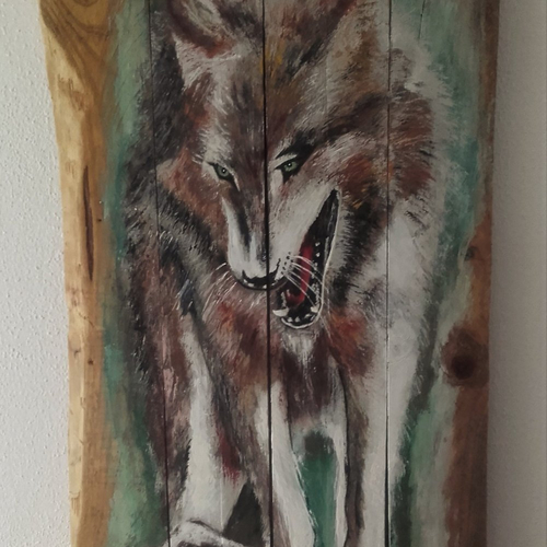 Loup - peinture originale sur bois recyclé - ref: le loup