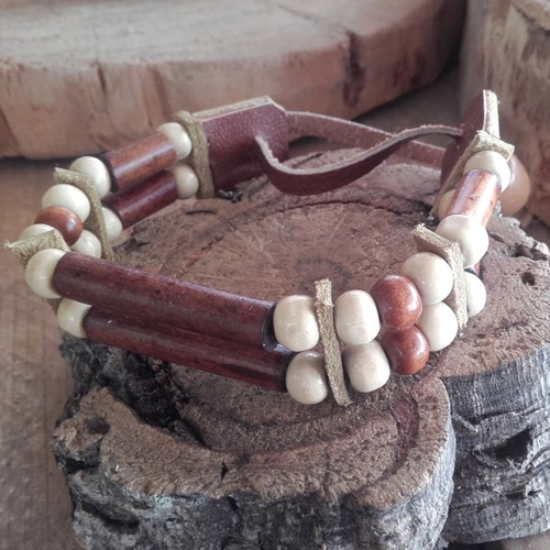 Bracelet style amérindien entièrement perles bois, 2 rangs - ref: b 333
