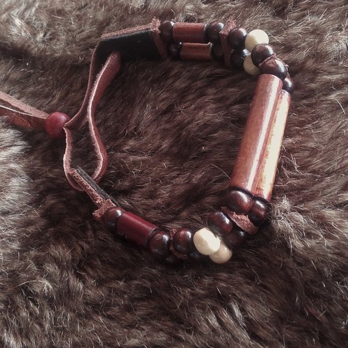 Bracelet style amérindien, perles bois, 2 rangs - ref: b 348