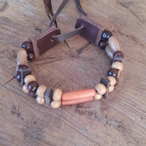 Bracelet amérindien, 2 rangs, perles bois & corne - ref: b 371