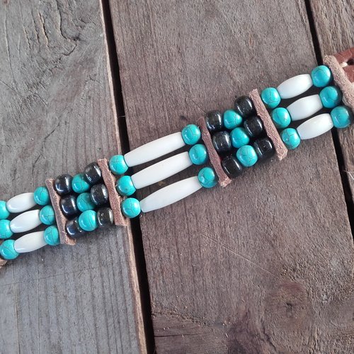 Bracelet amérindien, 3 rangs, os et turquoise -  ref: b 393