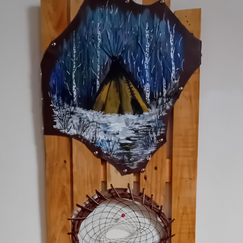 Peinture originale sur cuir , camp d'hiver - tipi